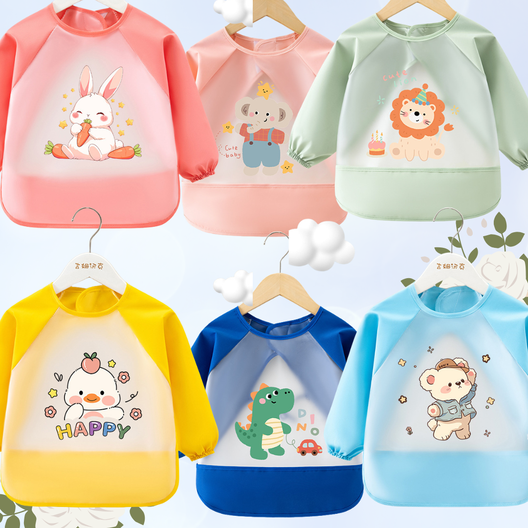 “Waterproof Long Sleeve Baby Bib Apron – Cute Cartoon Design”