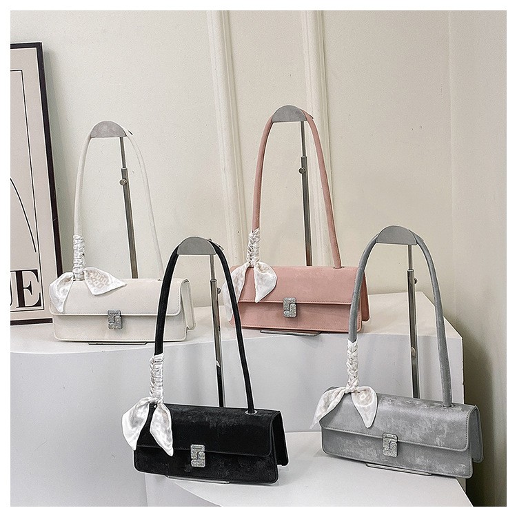 Elegant Velvet Shoulder Bag with Satin Bow and Sparkling Buckle – Stylish Women’s Handbag for Party & Casual Outfits