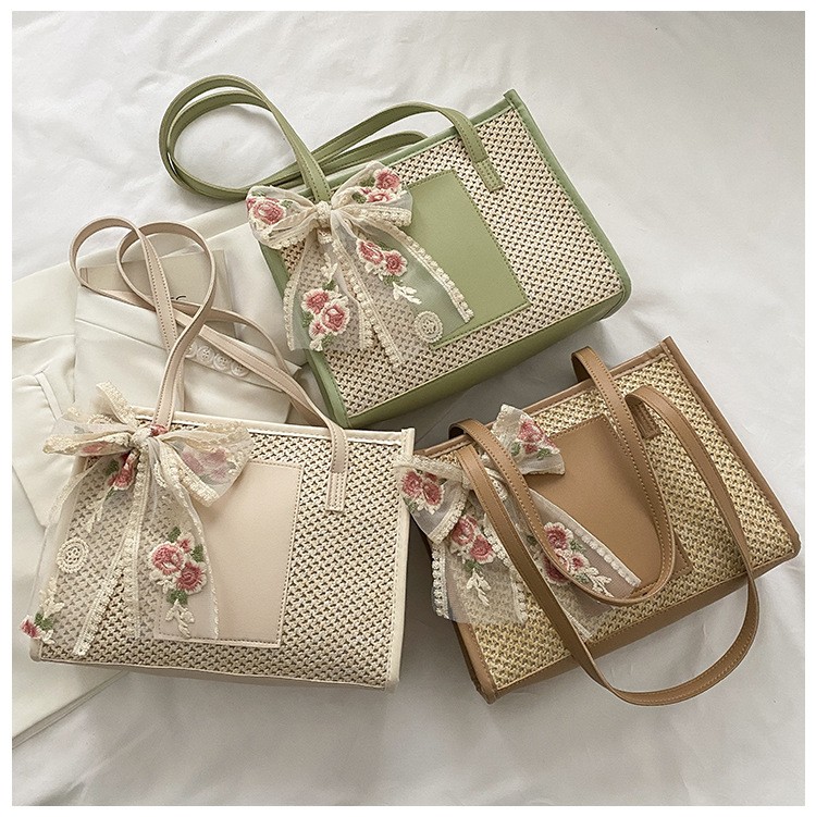 Vintage Woven Handbag with Floral Bow for Women