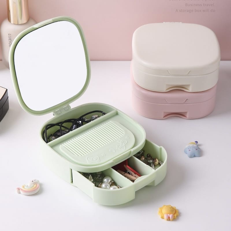পোর্টেবল জুয়েলারি ও মেকআপ স্টোরেজ বক্স | মিরর সহ ট্রাভেল অর্গানাইজার